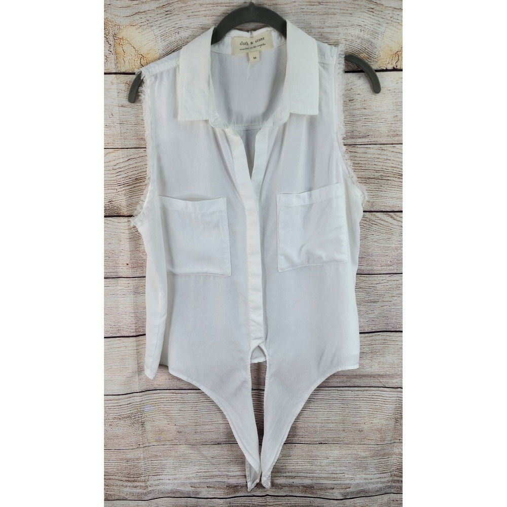 Cloth & Stone  Frayed Sleeve Button Up Top Women's M White Tie Front